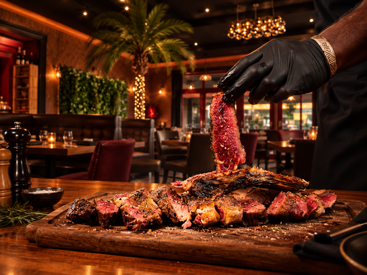 Grande pièce de viande grillée dressée dans l’ambiance chaleureuse du restaurant