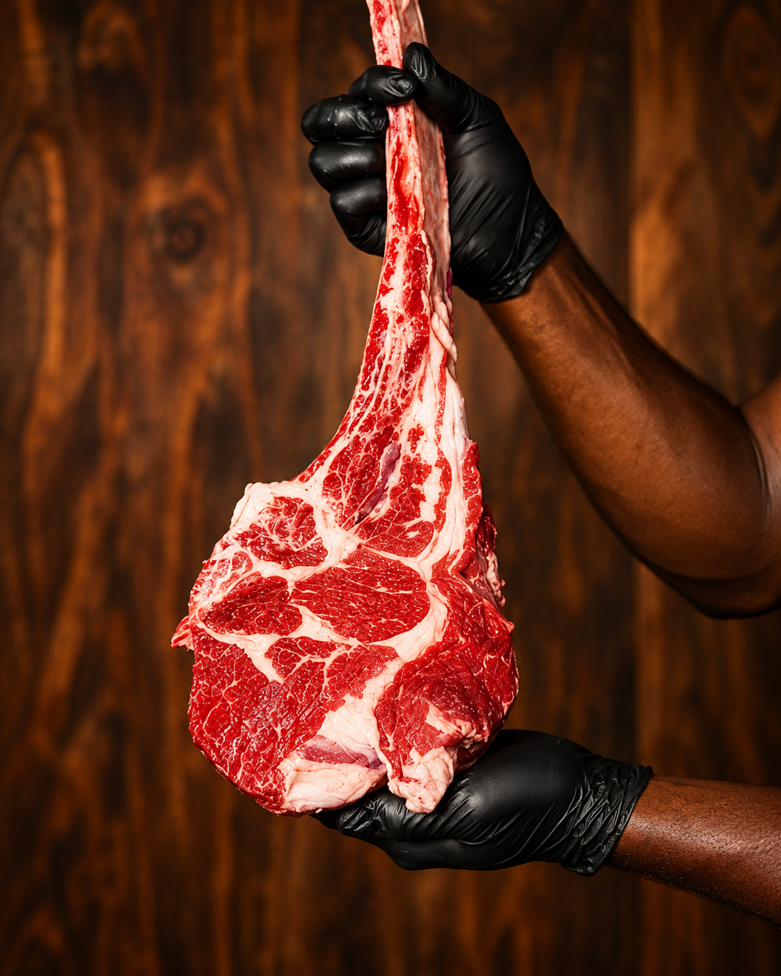 Pièce de tomahawk crue tenue par des mains gantées