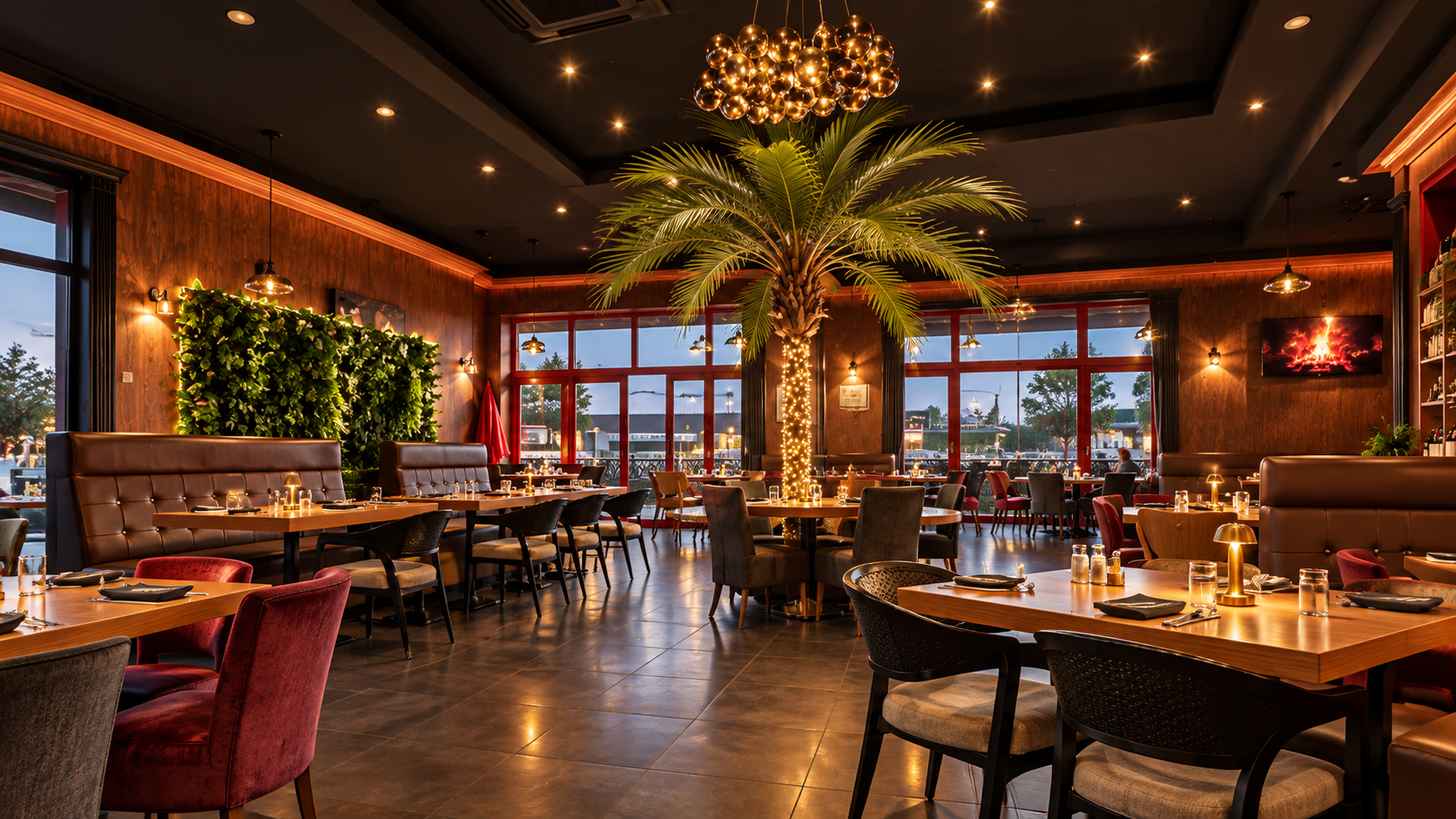 Salle du Constantinople Steakhouse à Beauvais avec son palmier central, ses tables et ses fauteuils bordeaux